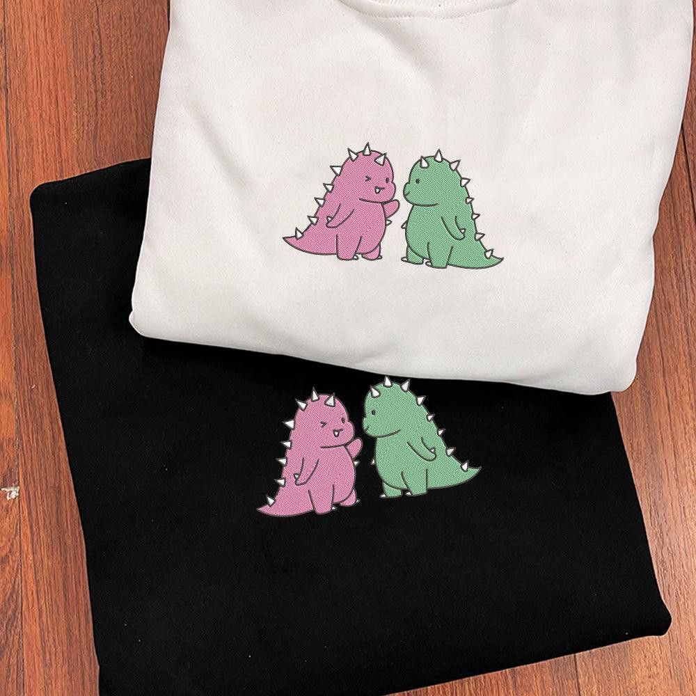 Cute Dinosaur Couple Custom Embroidered Matching Hoodies For Couples