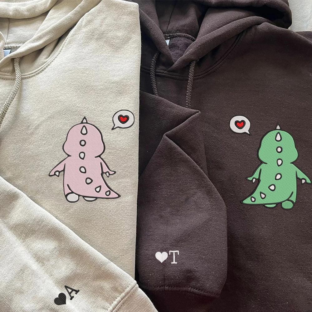 Cute Dinosaur Couple Custom Embroidered Matching Hoodies For Couples