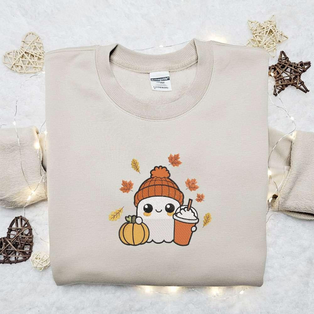 Cute Ghost Autum Fall Pumpkin Drink Halloween Embroidered Shirt Best Halloween Gifts Ideas