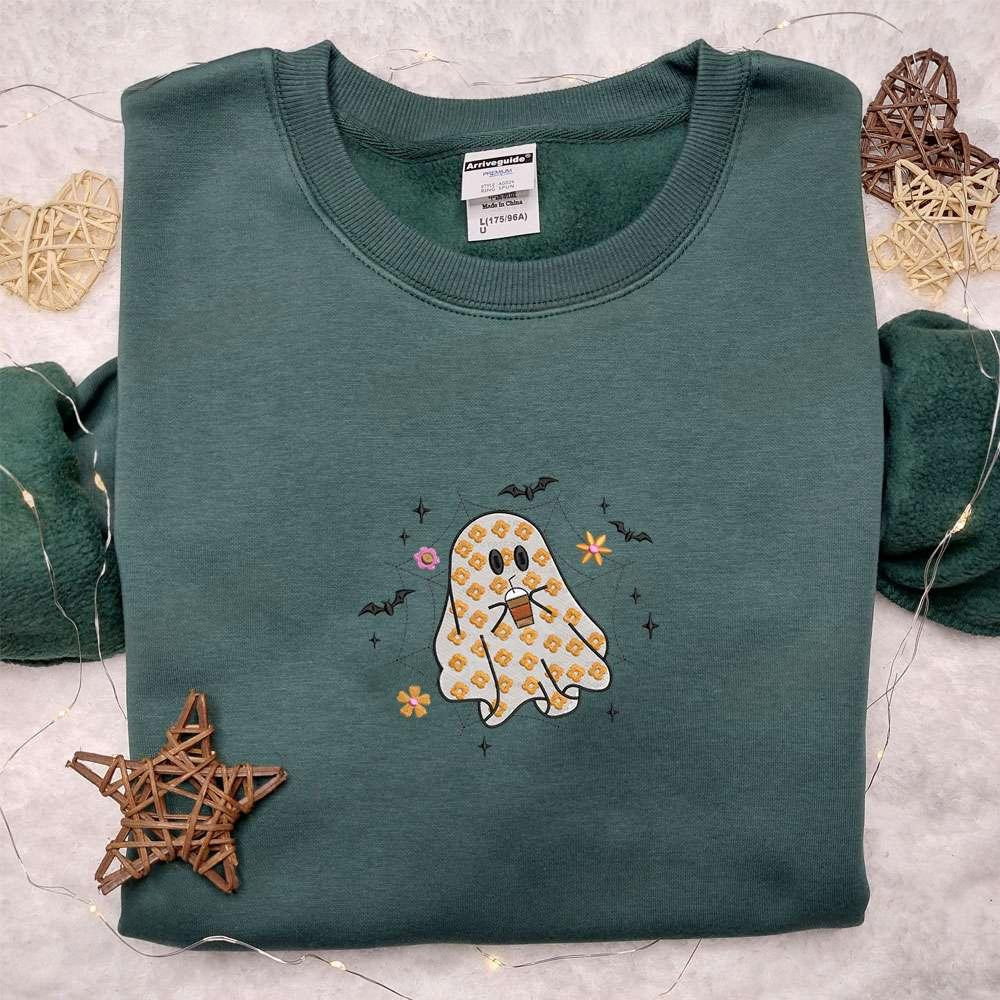 Cute Ghost Coffee Spiderweb Halloween Embroidered Shirt Best Halloween Gifts Ideas