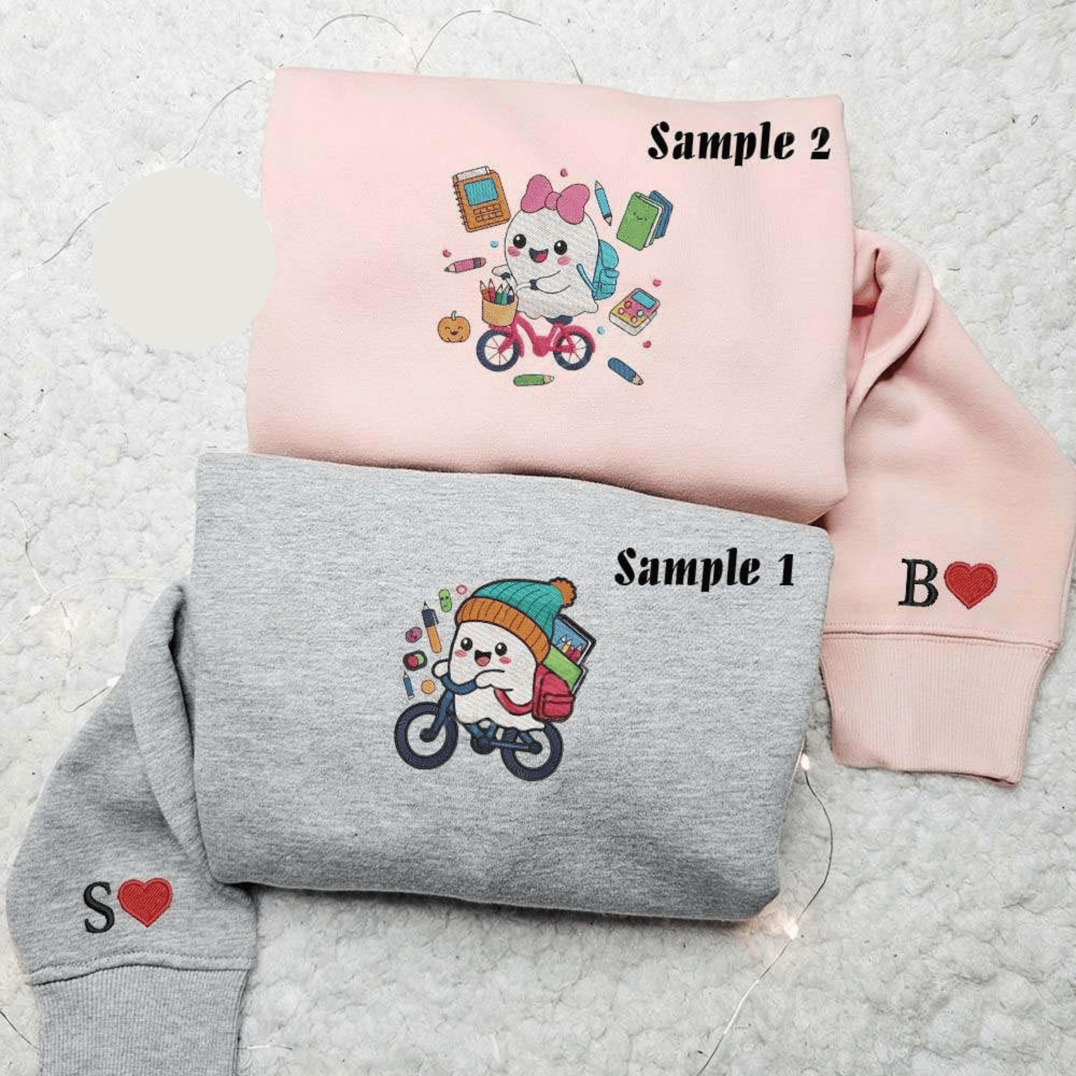 Cute Ghost On Bike Back To School Embroidered Couples Shirts
