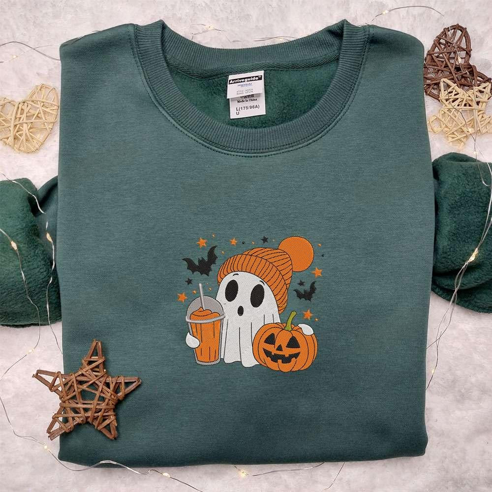 Cute Ghost Pumpkin Drink Halloween Embroidered Shirt Best Halloween Gifts Ideas