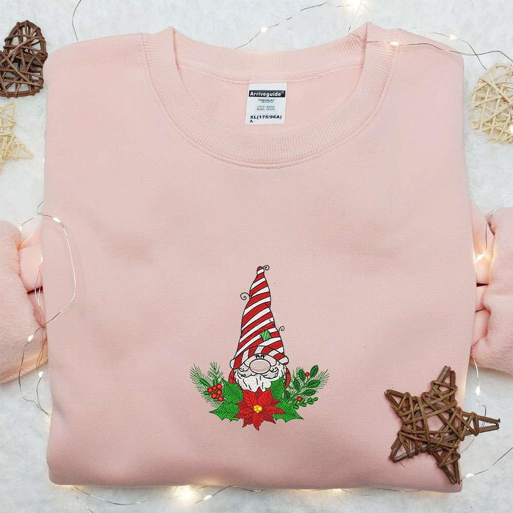 Cute Gnome Christmas Poinsettia Embroidered Hoodie Christmas Embroidered Hoodie Best Christmas Gift Ideas For Family