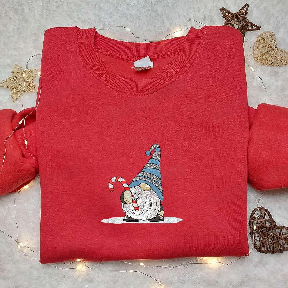 Cute Gnome With Candy Cane Embroidered T shirt Cute Christmas Embroidered Shirt Best Christmas Gift Ideas For Family