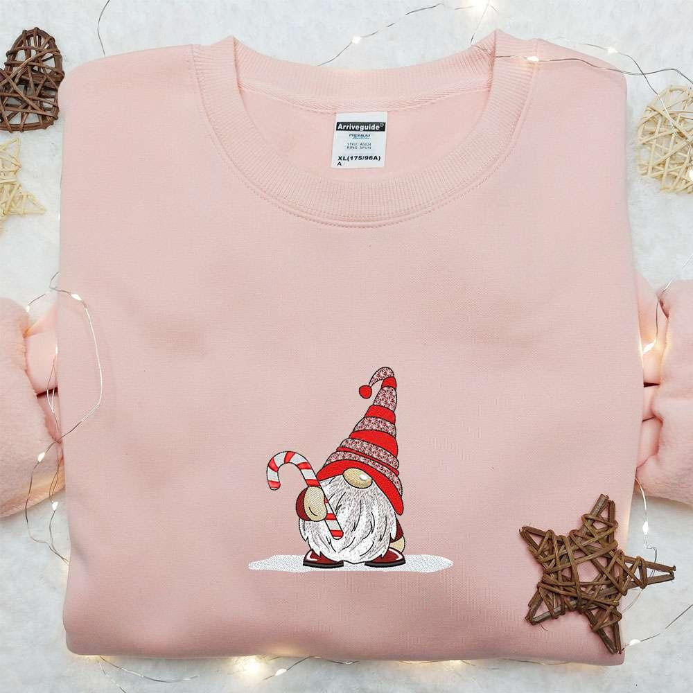 Cute Gnome With Candy Cane Embroidered T shirt Cute Christmas Embroidered T shirt Best Christmas Gift Ideas For Family