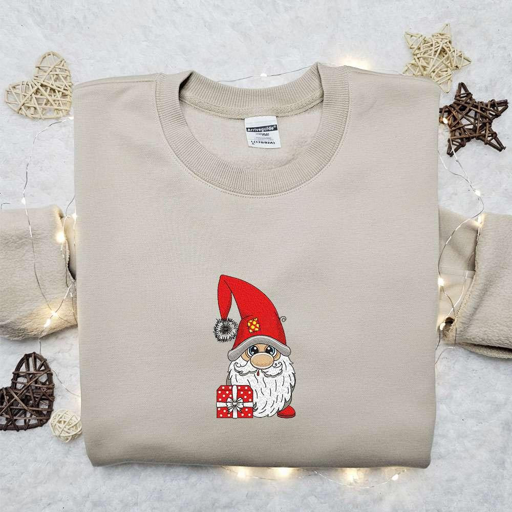 Cute Gnome With Gift Embroidered T shirt Cute Christmas Embroidered T shirt Best Christmas Gift Ideas For Family