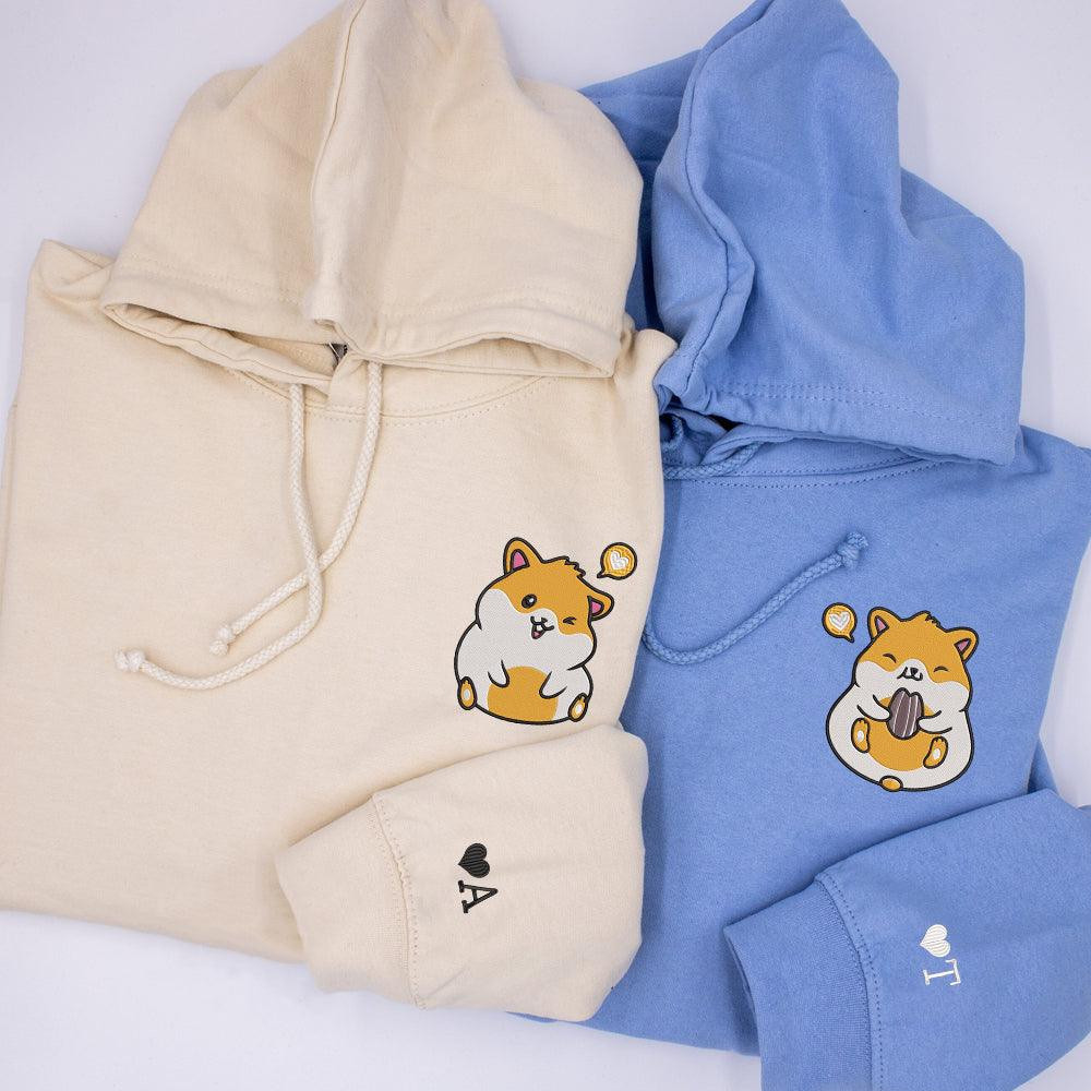 Cute Hamster Heart Custom Embroidered Matching Hoodies For Couples