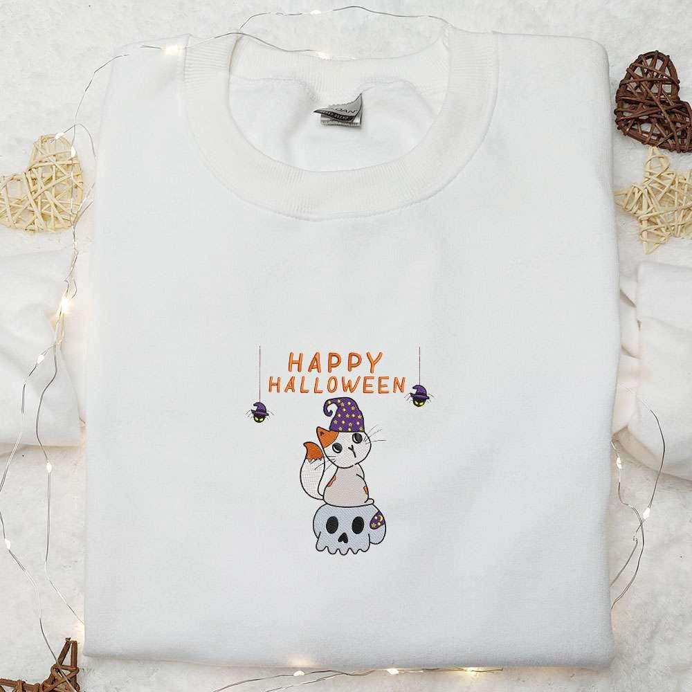 Cute Happy Halloween Cat and Skull Embroidered Shirt Happy Halloween Embroidered Shirt Best Halloween Gifts for Family