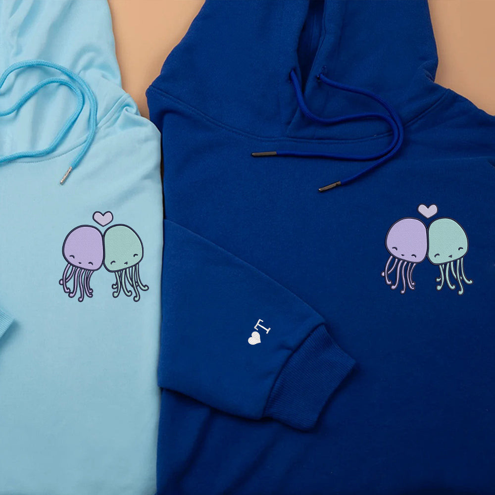 Cute Octopus Custom Embroidered Matching Hoodies For Couples