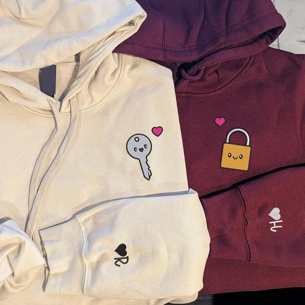 Cute Padlock x Key Custom Embroidered Matching Hoodies For Couples