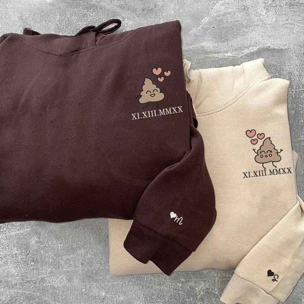 Cute Shit Cartoon Custom Roman Numeral Matching Embroidered Hoodies For Couples