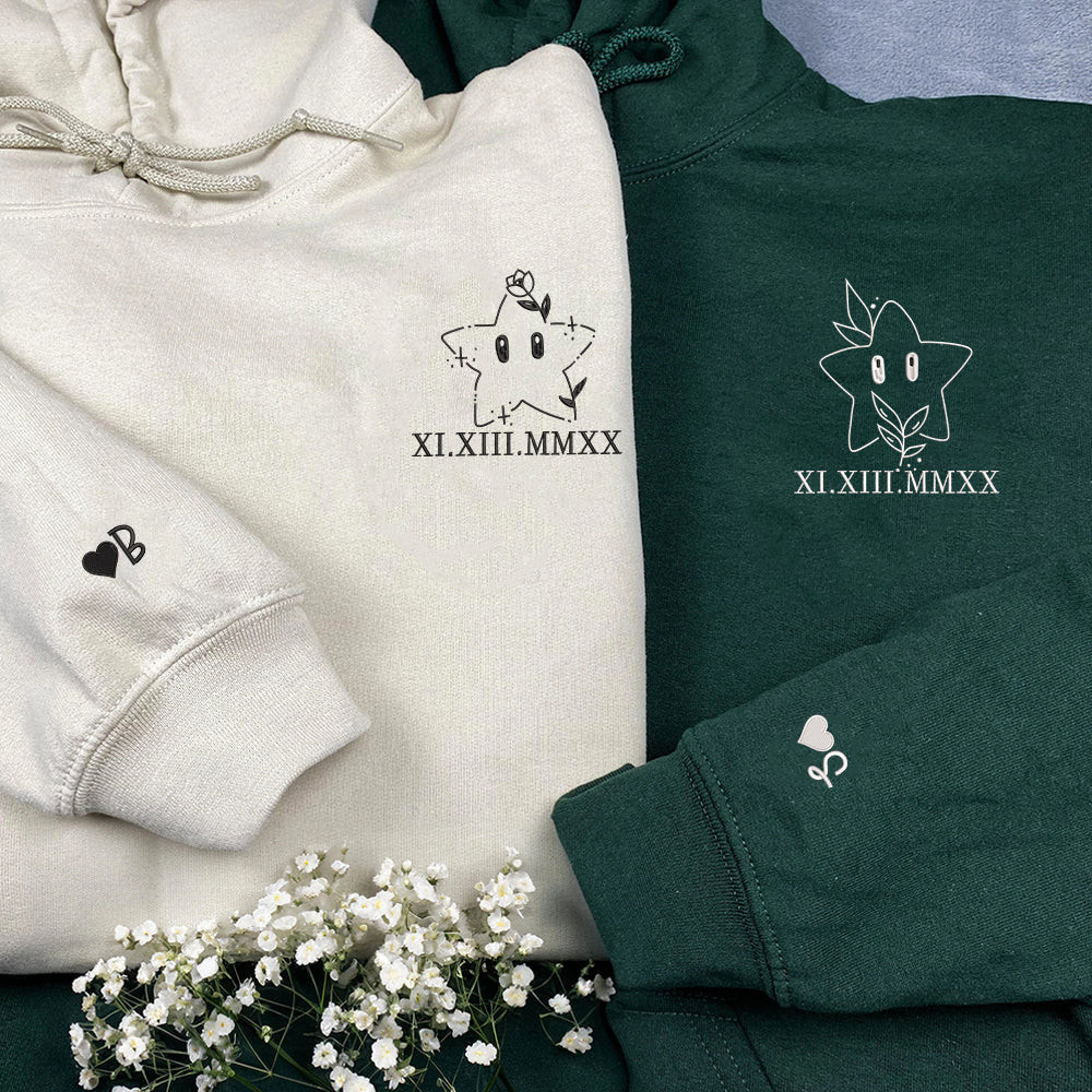 Cute Stars Cartoon Custom Roman Numeral Matching Embroidered Hoodies For Couples