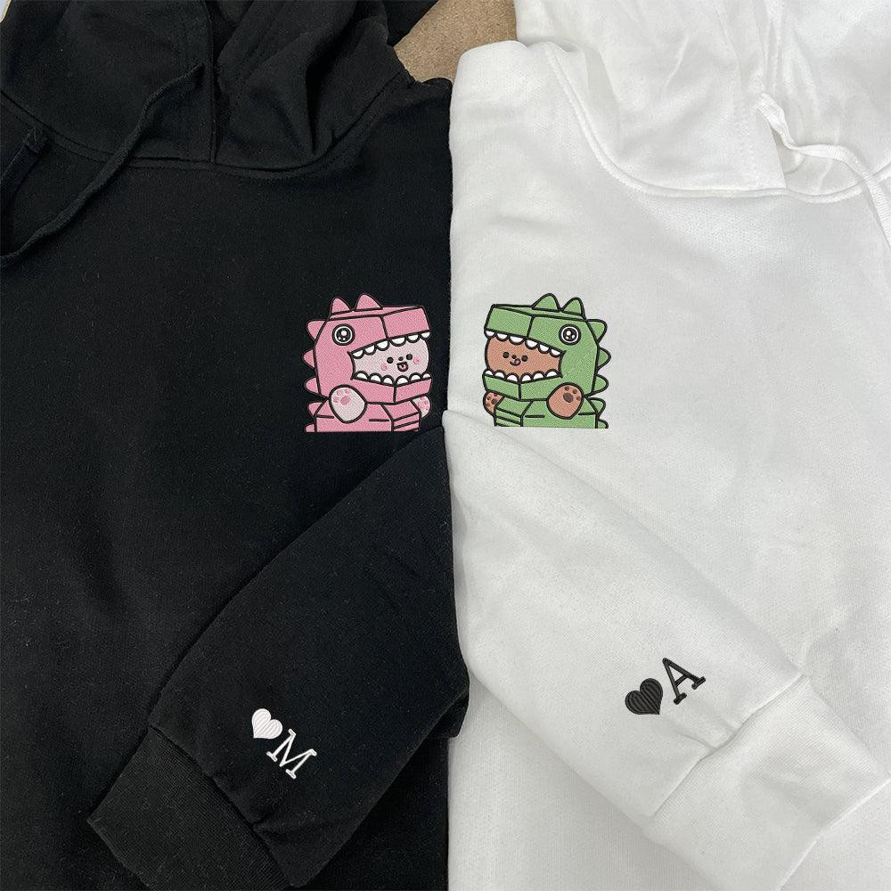 Cute T-Rex Costume Custom Embroidered Matching Hoodies For Couples