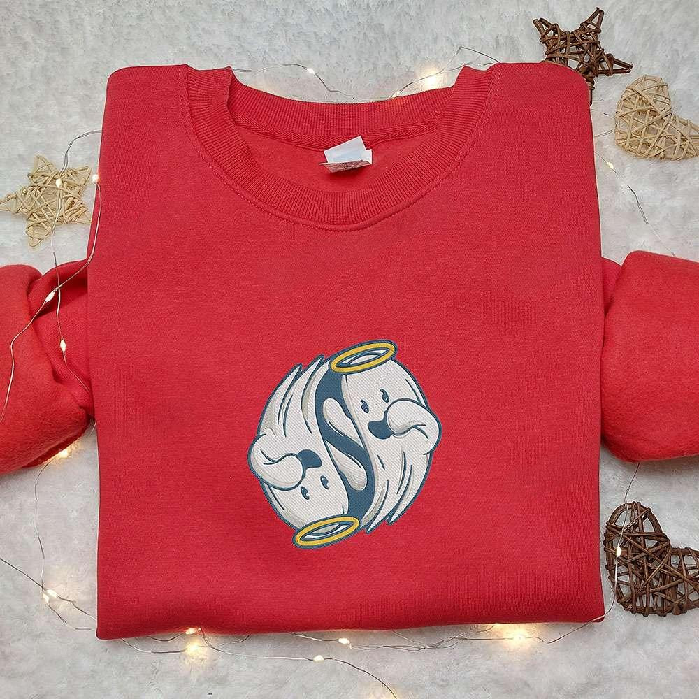 Cute Yin And Yang Ghost Embroidered Sweatshirt Cartoon Embroidered Hoodie Best Halloween Gift Ideas