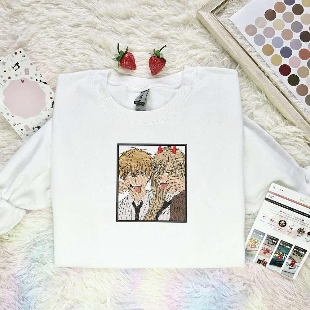 Denji And Power Chainsaw Man Anime Embroidered Shirt , Anime Embroidered T-shirt Sweatshirt Hoodie, Inspired Anime Movie, Best Gift for Anime Fans