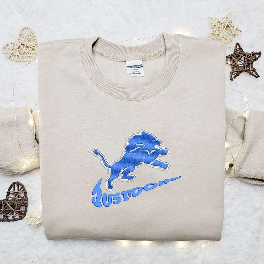 Detroit Lions Just Do It x Nike Swoosh Embroidered Shirt NFL Sports Embroidered Hoodie Best Gift Idea
