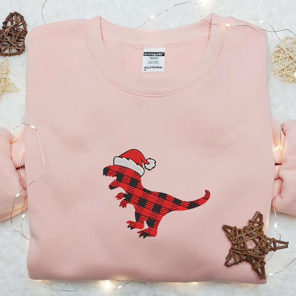 Dinosaur Plaid Xmas Embroidered Hoodie Christmas Embroidered Hoodie Best Christmas Gift Ideas