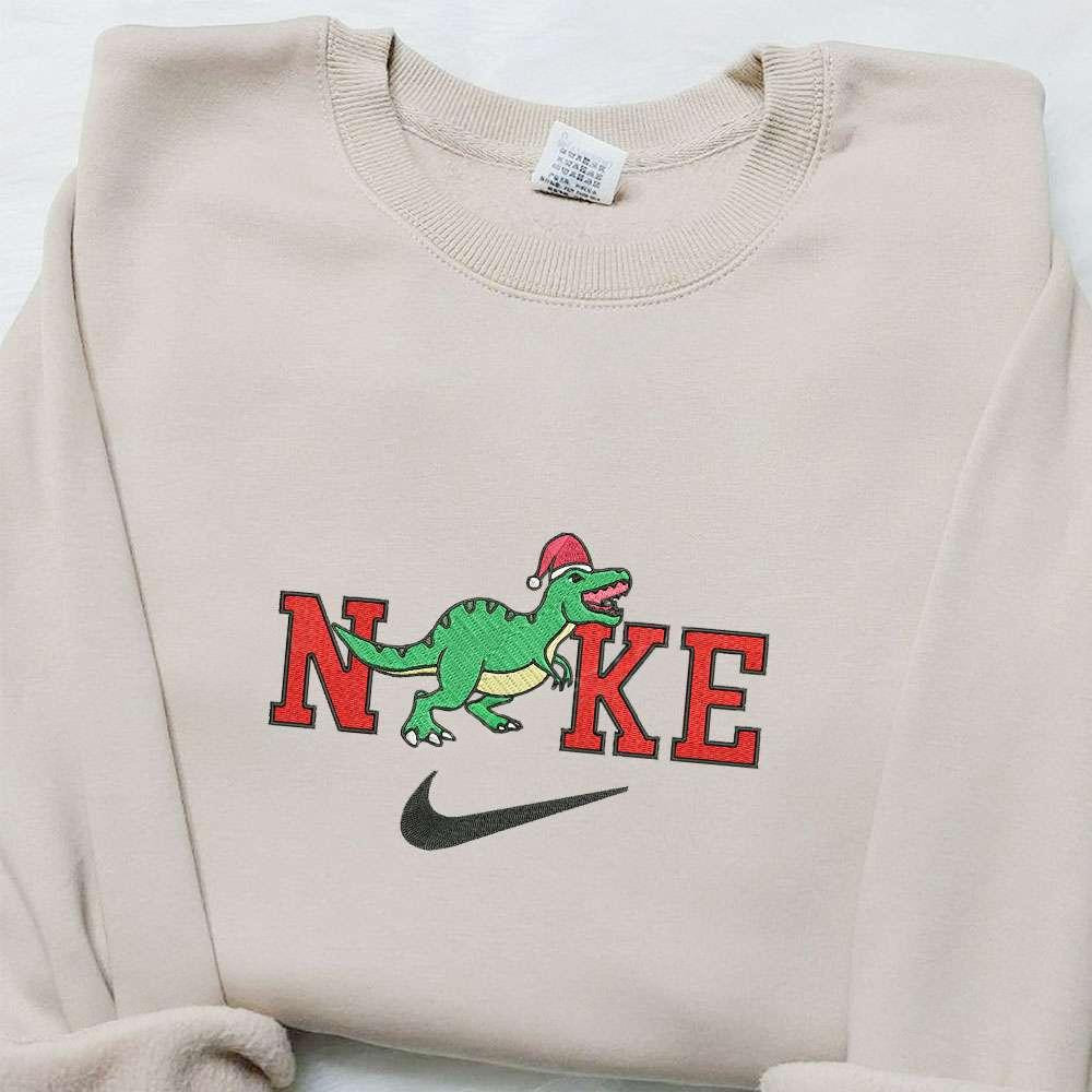 Dinosaur Roaring Christmas x Nike Embroidered Sweatshirt Cartoon Christmas Embroidered Shirt Best Christmas Gift Ideas