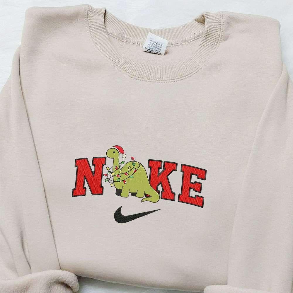 Dinosaur With Christmas Light x Nike Embroidered Sweatshirt Cartoon Christmas Embroidered Shirt Best Christmas Gift Ideas