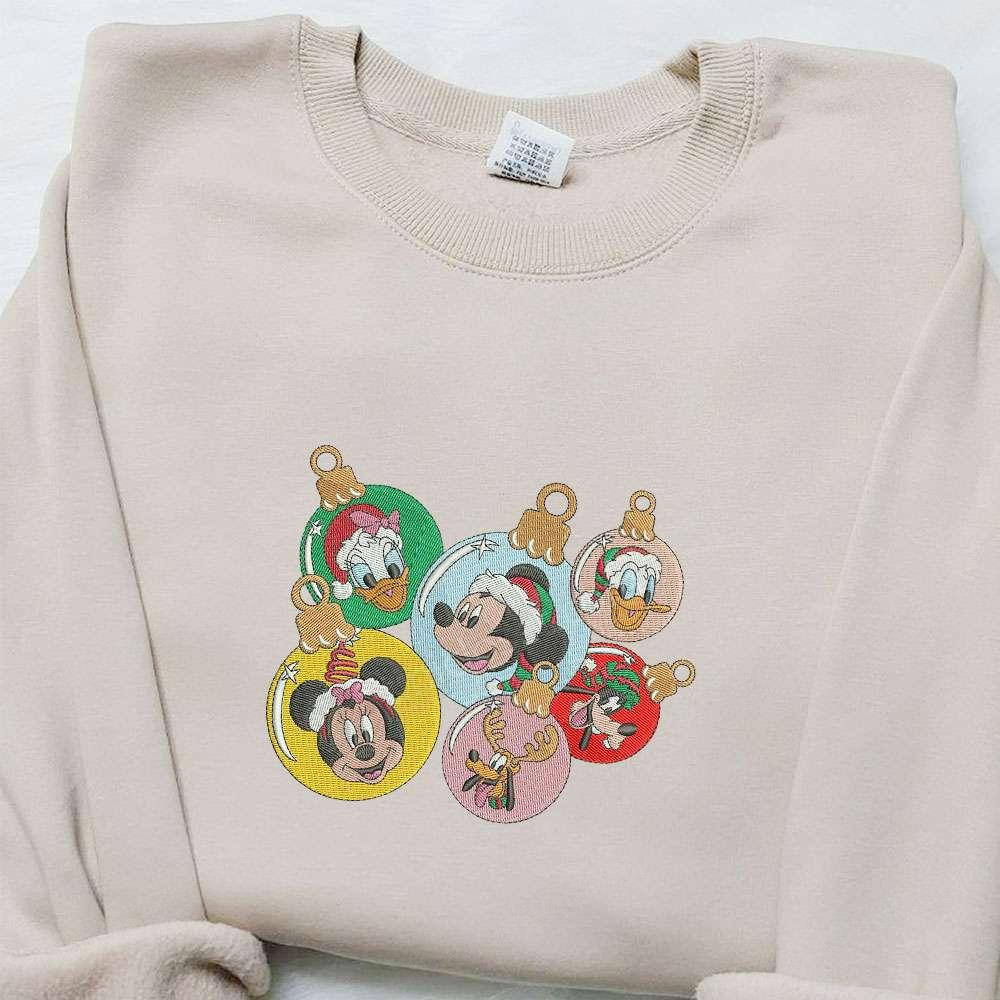 Disney Characters Christmas Ball Embroidered Sweatshirt Disney Christmas Embroidered T shirt Best Christmas Gift Ideas For Family