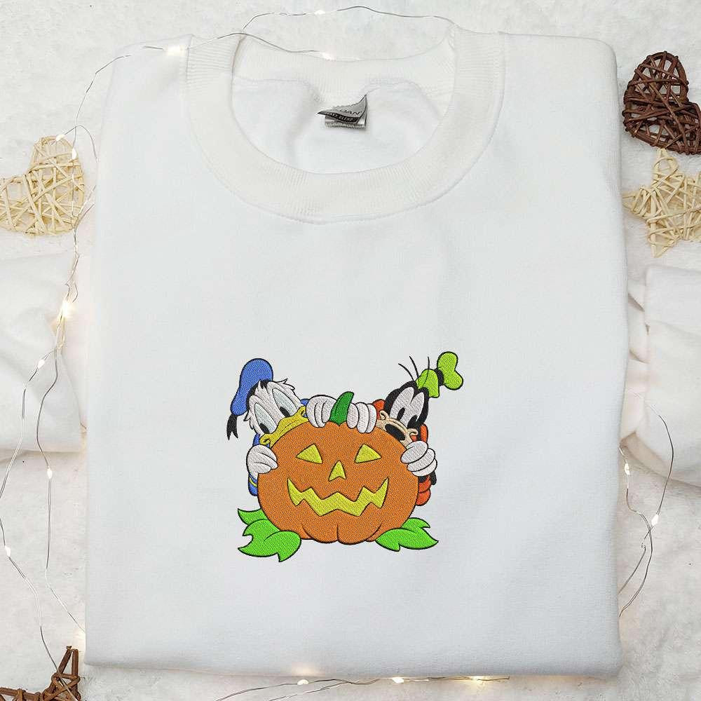 Donald Duck and Goofy with Pumpkin Embroidered Sweatshirt Disney Halloween Embroidered Hoodie Funny Emrboidered Shirt