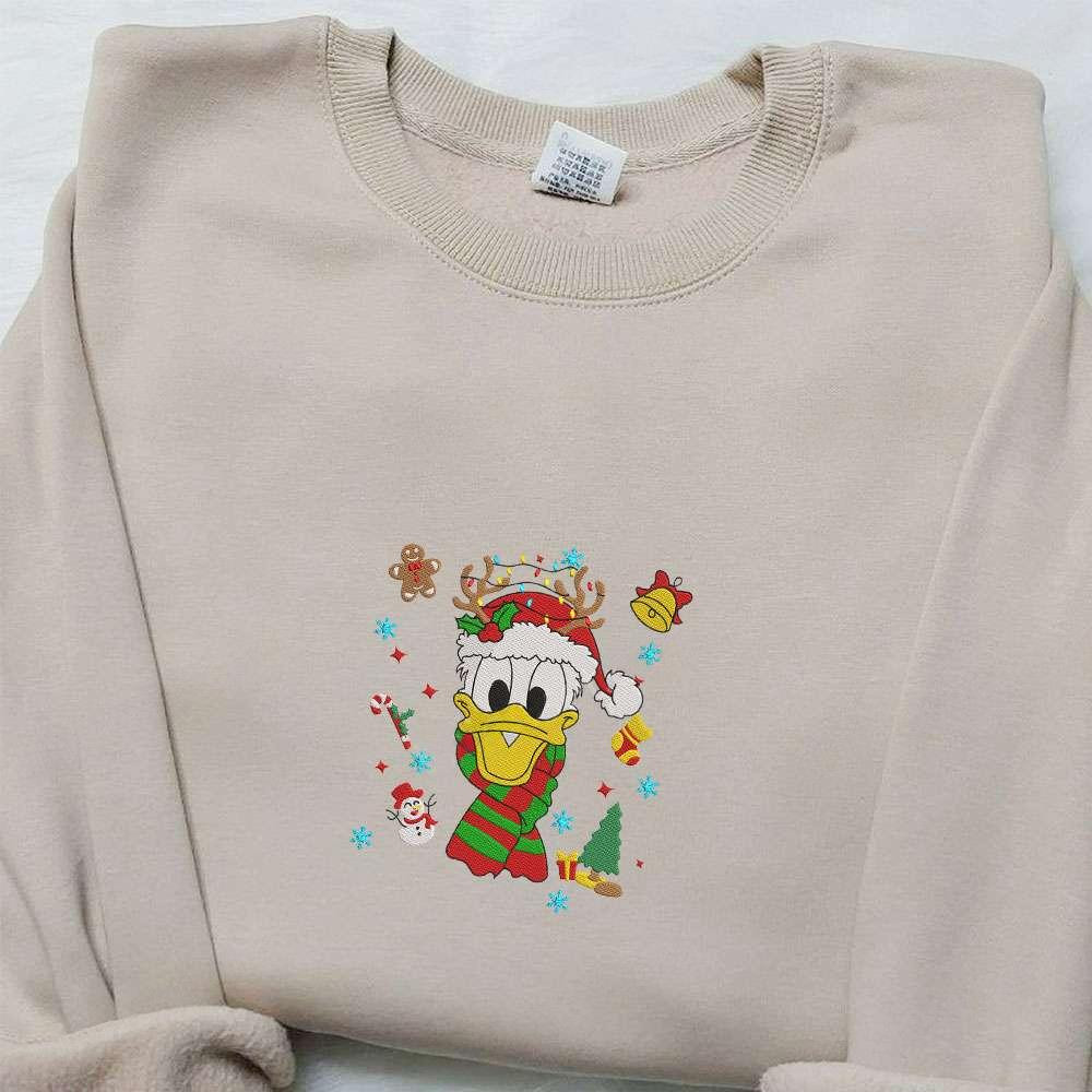 Donald Duck Christmas Elements Embroidered Shirt Disney Characters Embroidered Hoodie Christmas Embroidered Sweatshirt