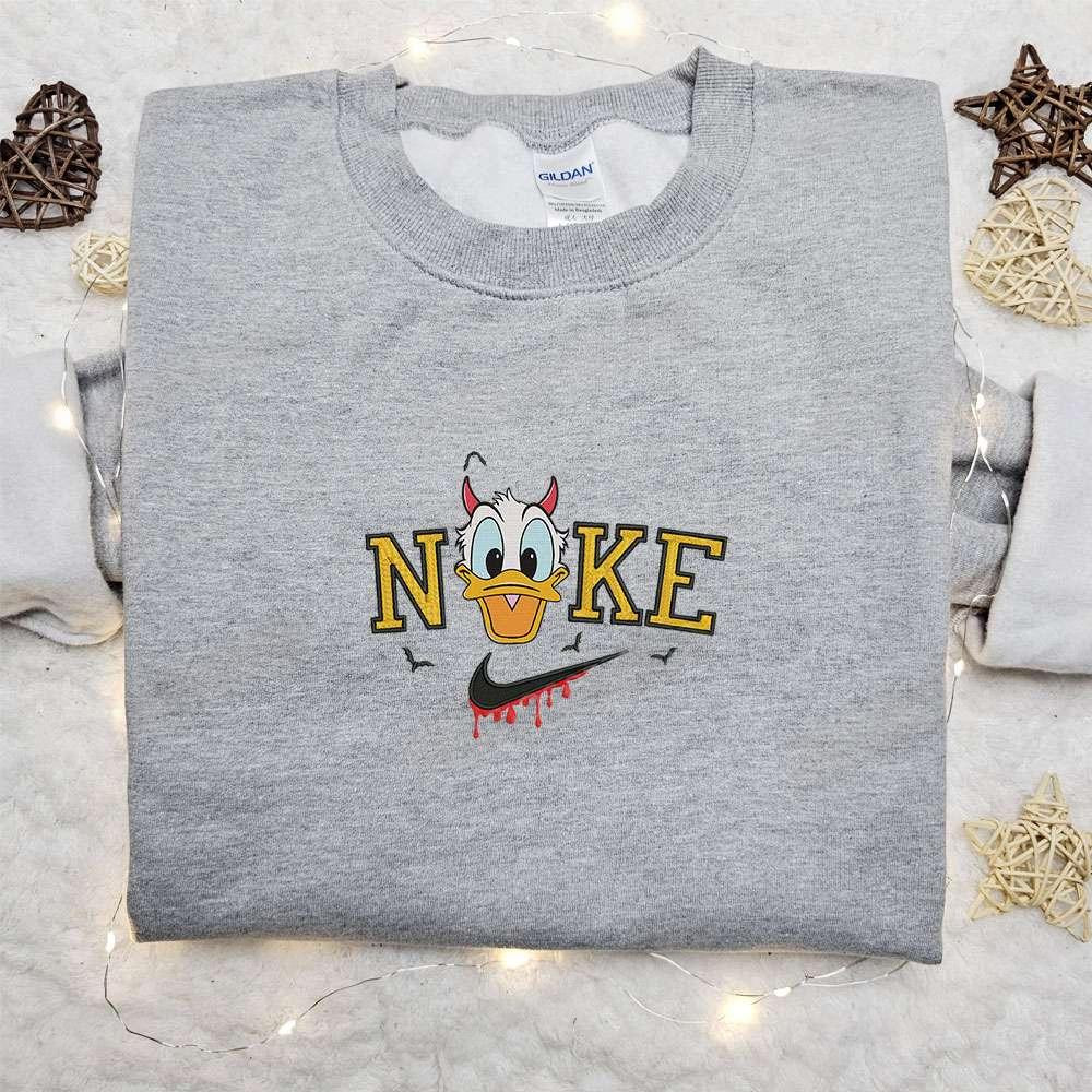 Donald Duck Devil Halloween x Nike Embroidered Sweatshirt Walt Disney Characters Embroidered Shirt Best Halloween Gift Ideas