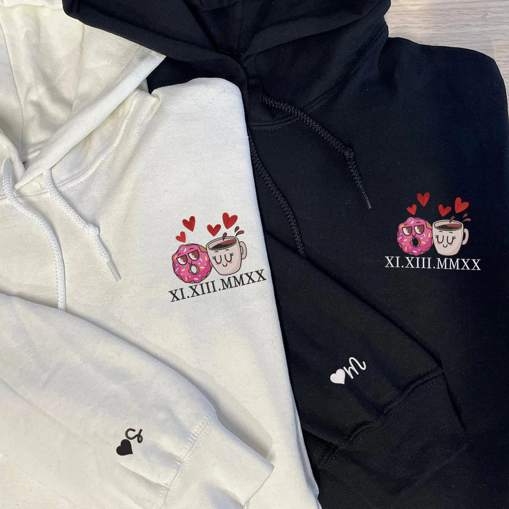Donut and Coffee Custom Roman Numeral Matching Embroidered Hoodies For Couples