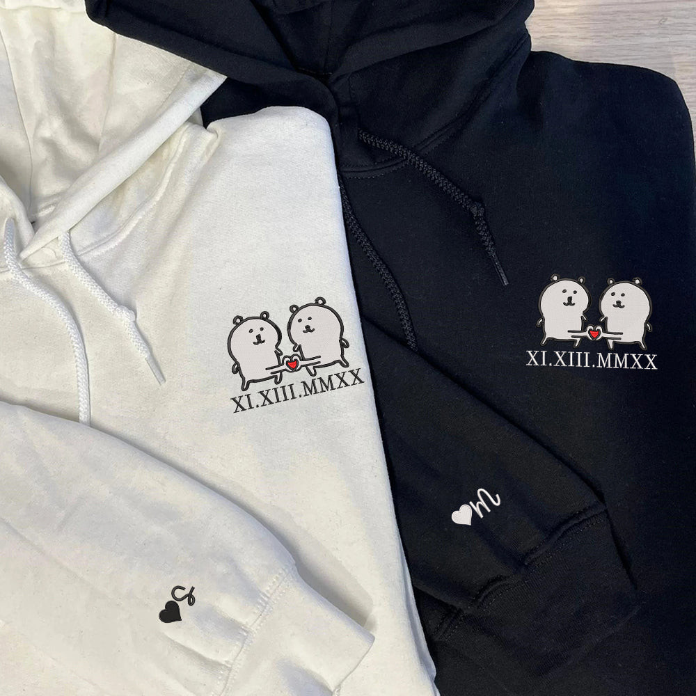 Funny White Bear Couple Custom Roman Numeral Matching Embroidered Hoodies For Couples