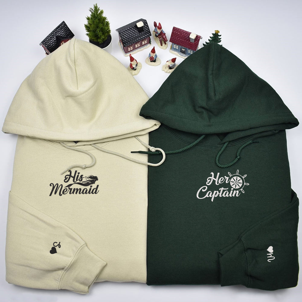 His Mermaid Her Captain Custom Embroidered Matching Hoodies For Couples