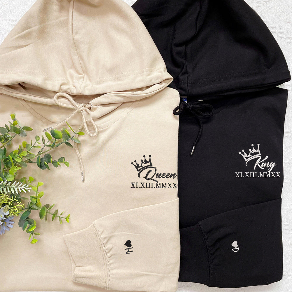 King x Queen Crown Custom Roman Numeral Matching Embroidered Hoodies For Couples