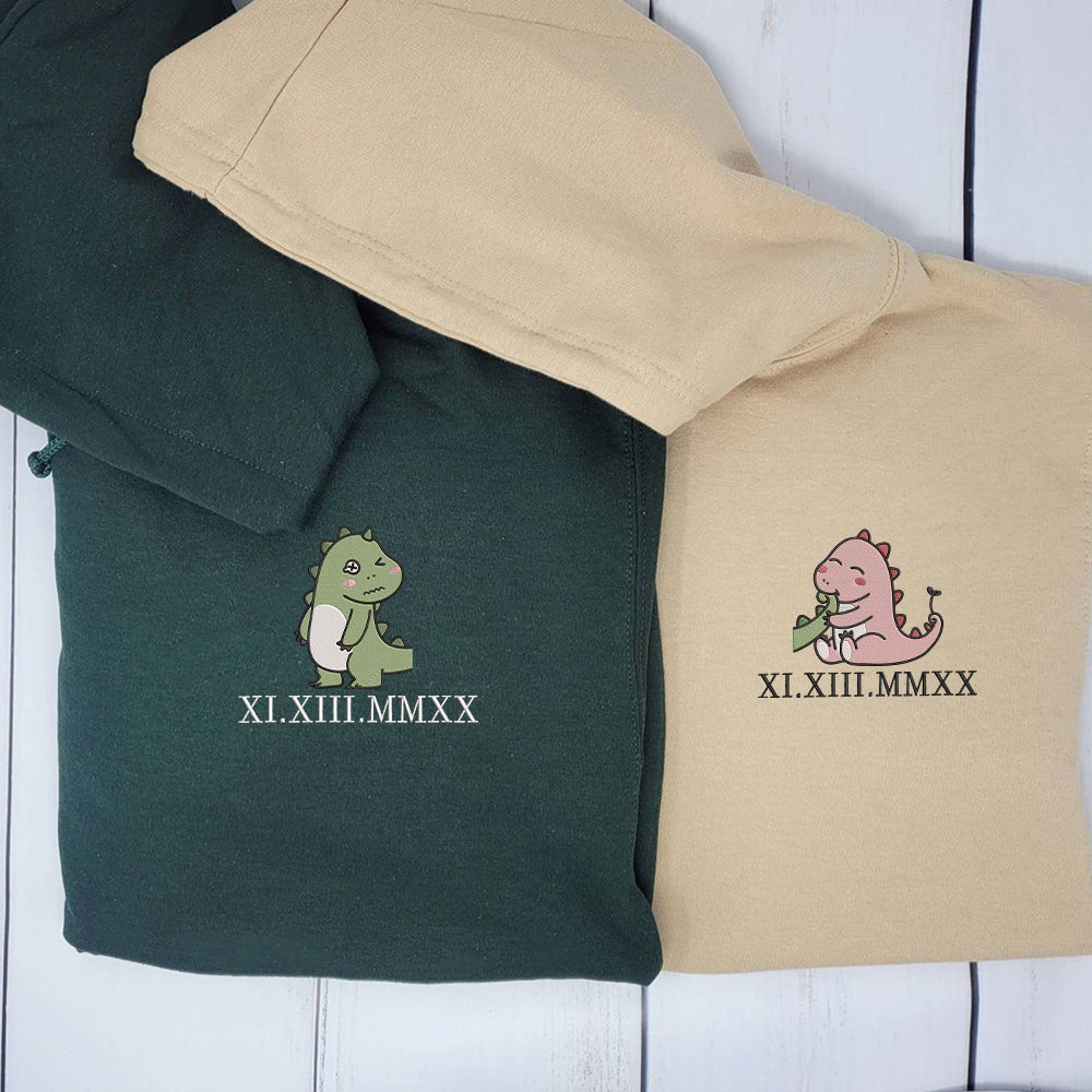 Lovely Couple Dinosaur Custom Roman Numeral Matching Embroidered Hoodies For Couples