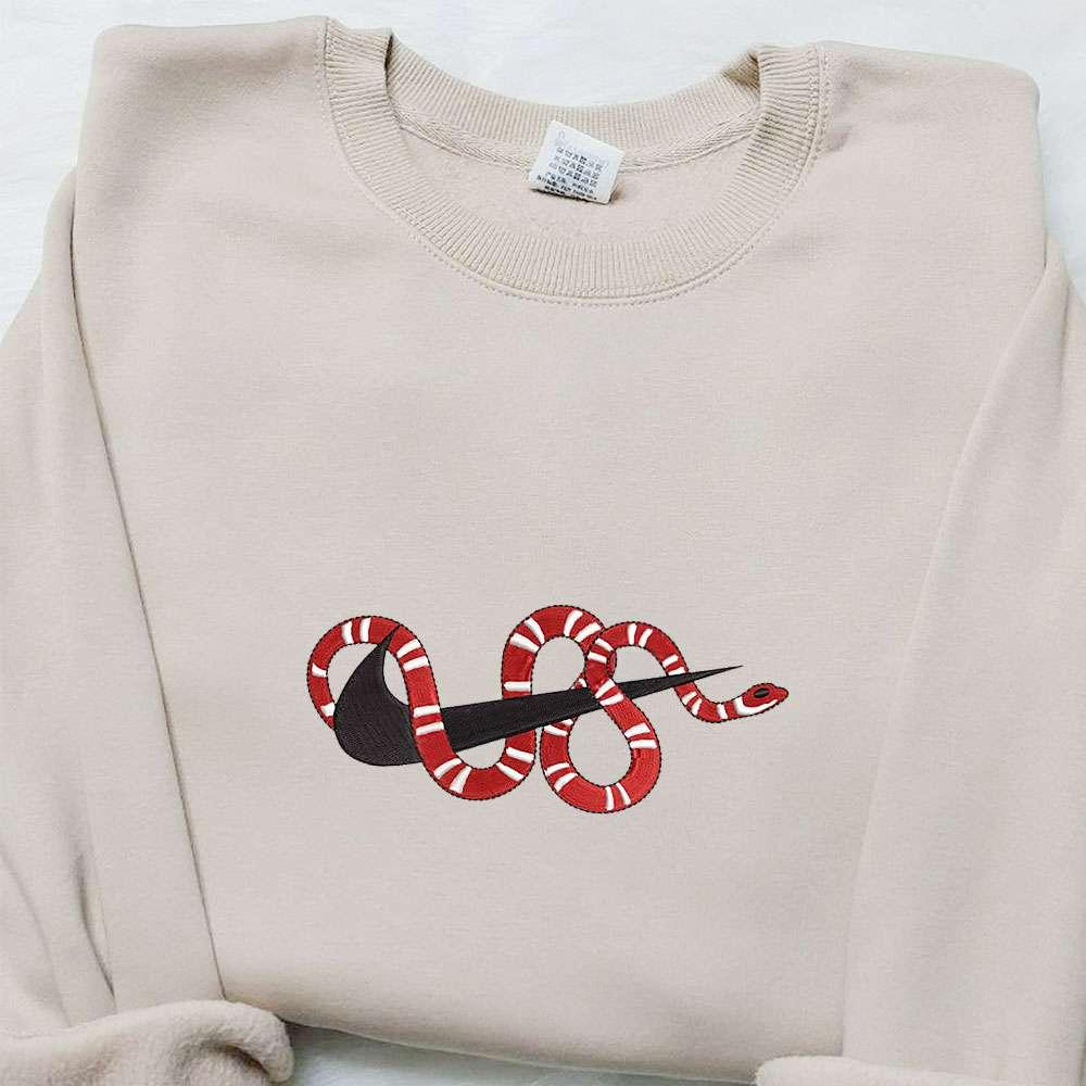Red Snake x Nike Swoosh Embroidered Shirt Animal Embroidered Hoodie Nike Inspired Embroidered Sweatshirt