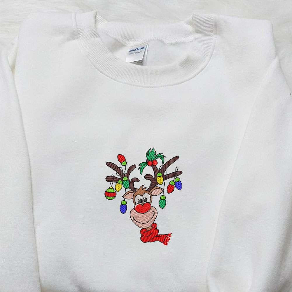 Reindeer Christmas Lights Embroidered Shirt Christmas Embroidered Hoodie Best Gifts For Family