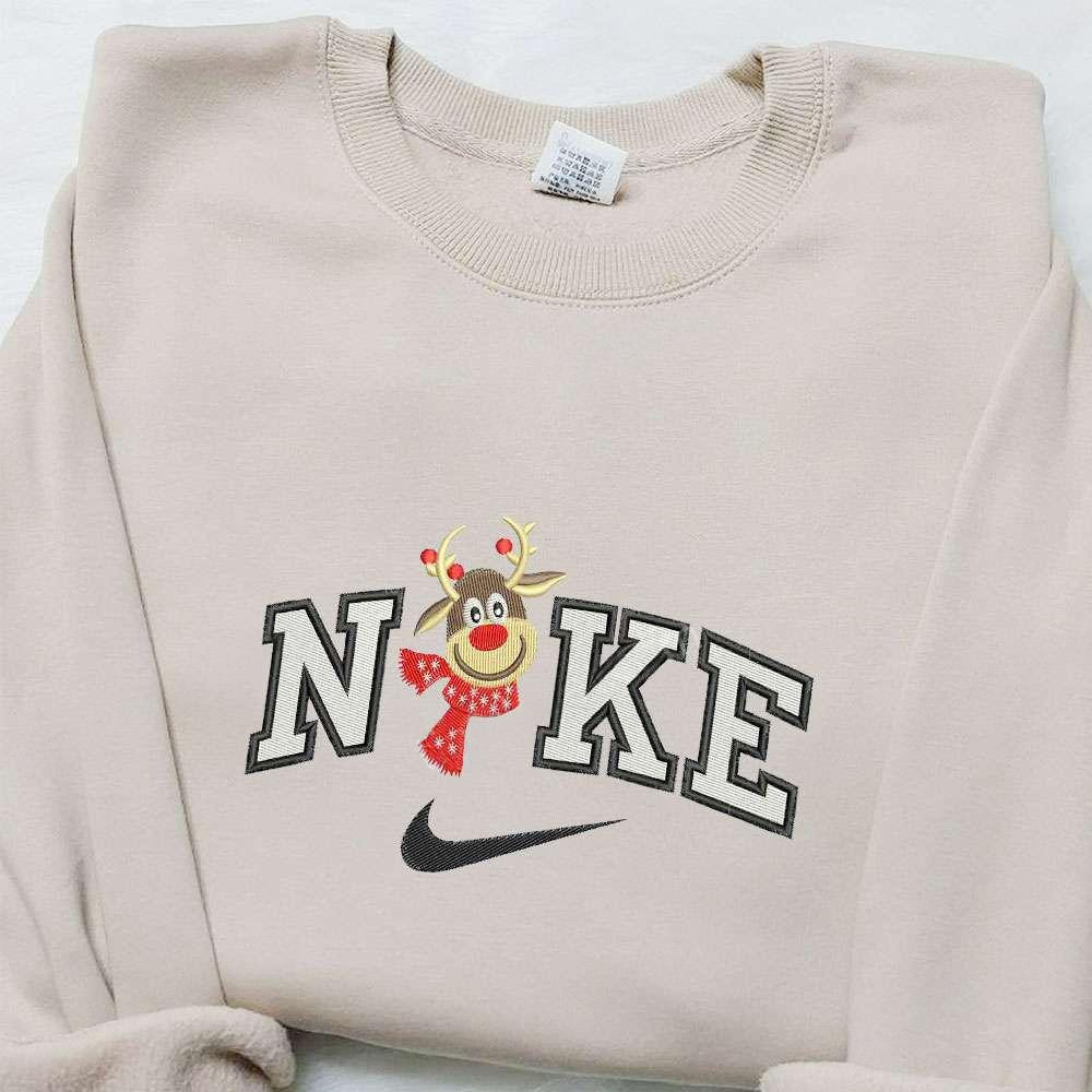 Reindeer x Nike Embroidered Shirt Christmas Embroidered Sweatshirt Custom Embroidered Hoodie