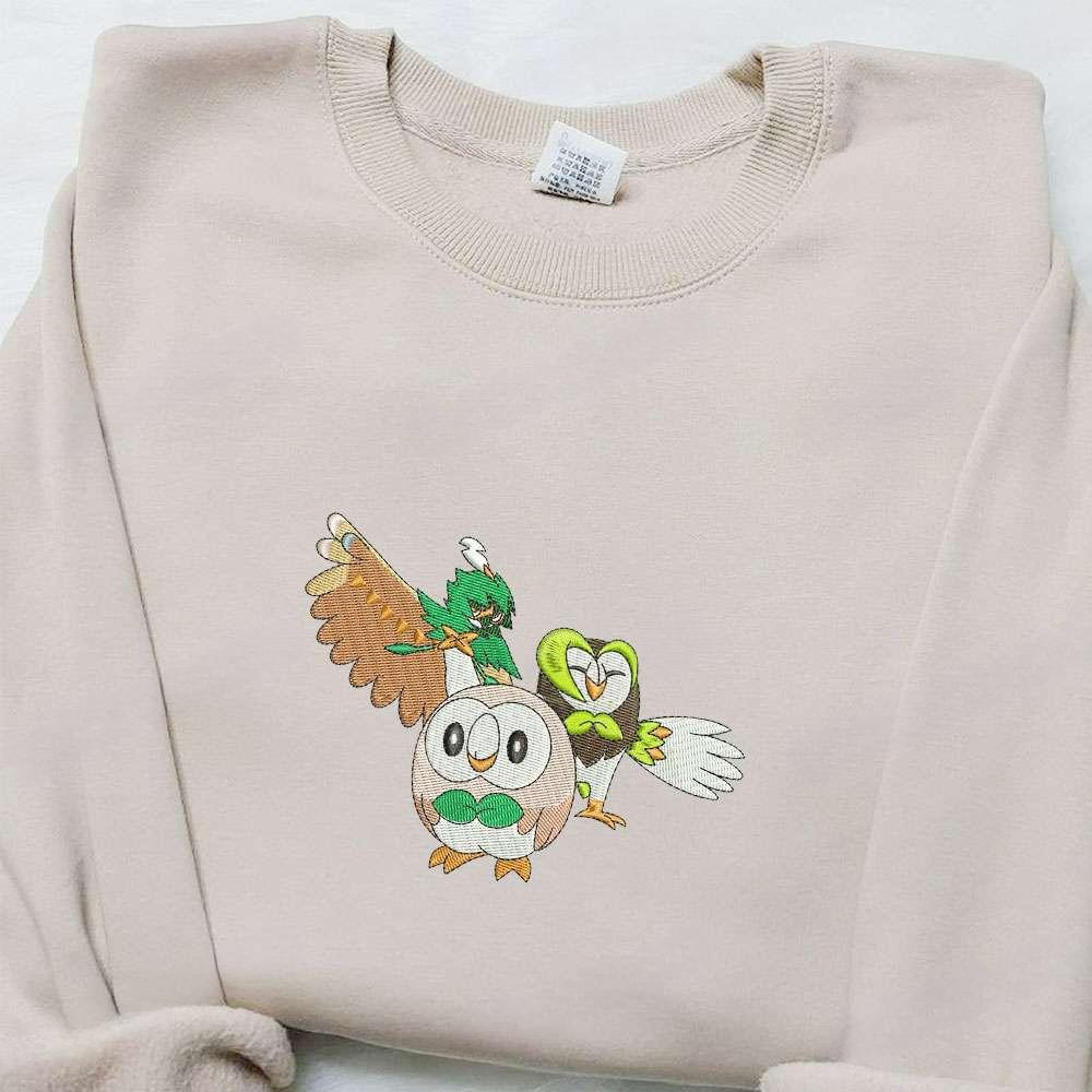 Rowlet Pokemon Anime Embroidered Shirt , Anime Embroidered T-shirt Sweatshirt Hoodie, Inspired Anime Movie, Best Gift for Anime Fans