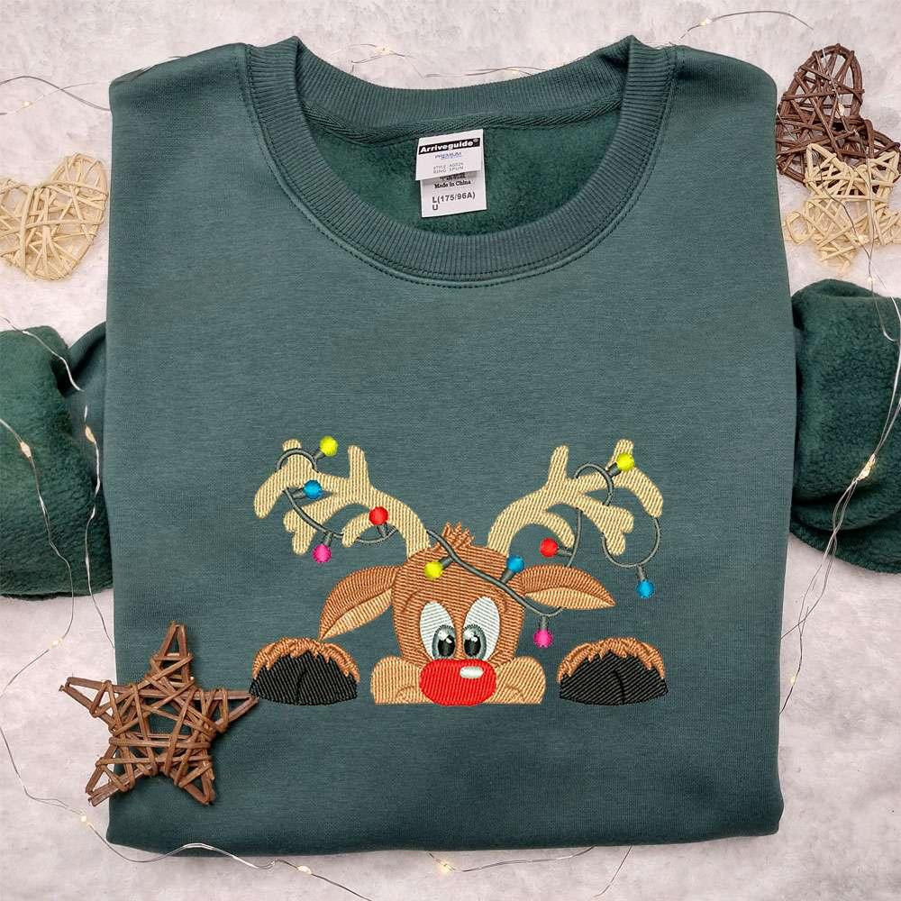 Rudolph Reindeer Christmas Lights Embroidered Shirt Cartoon Embroidered Hoodie Christmas Embroidered Shirt
