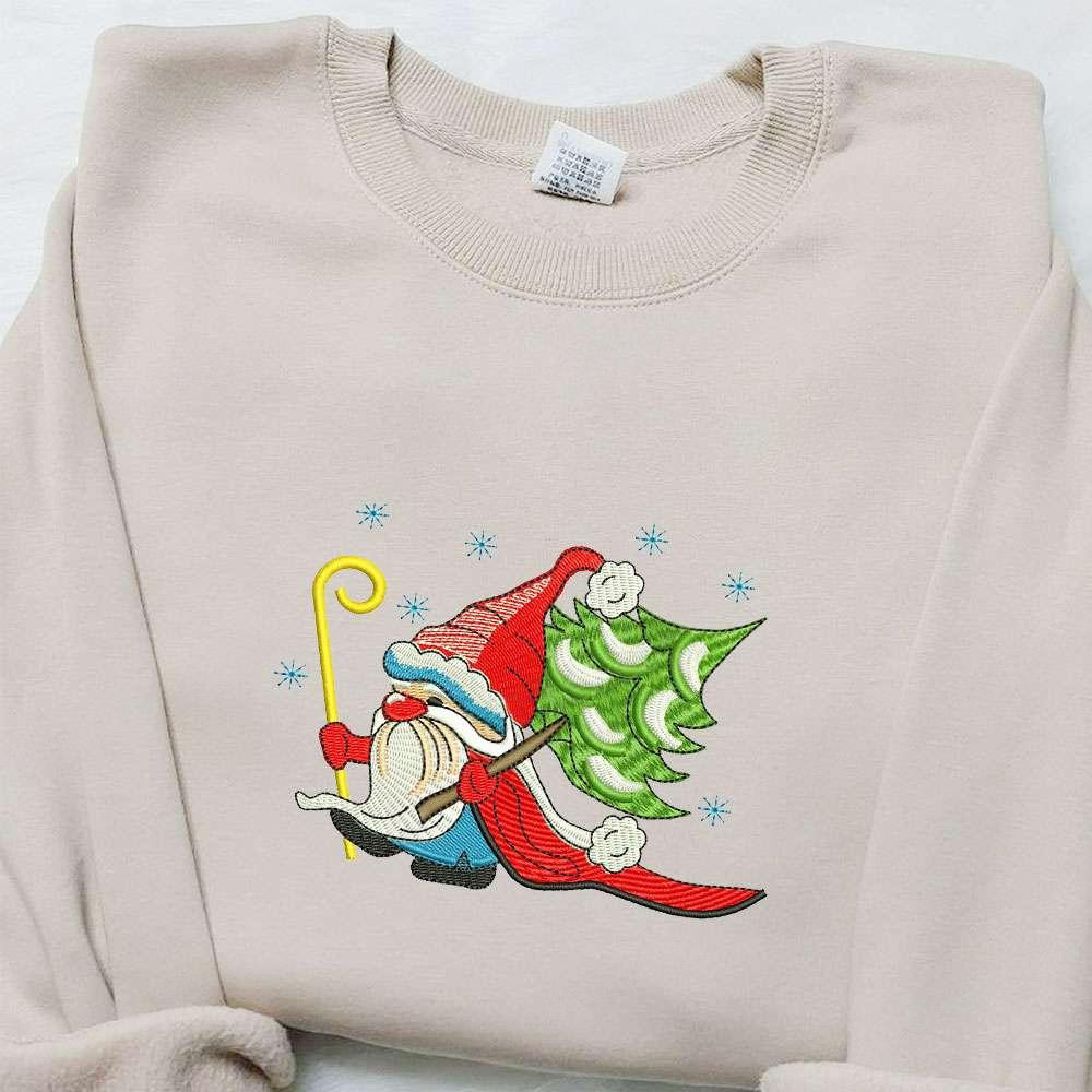 Santa Gnome With Christmas Tree Embroidered Shirt Christmas Embroidered Hoodie Best Gifts For Family