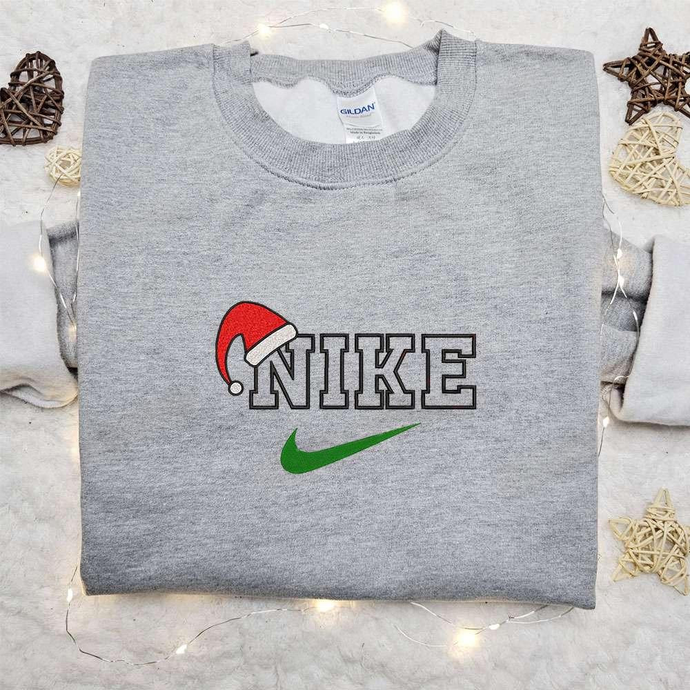 Santa Hat x Nike Embroidered Shirt Christmas Embroidered Hoodie Nike Inspired Embroidered Sweatshirt