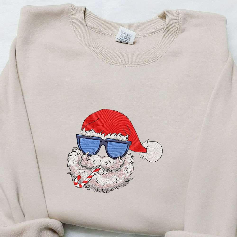 Santa Wearing Sunglasses Eating Candy Cane Embroidered Shirt Retro Christmas Embroidered Hoodie Best Gifts For Family