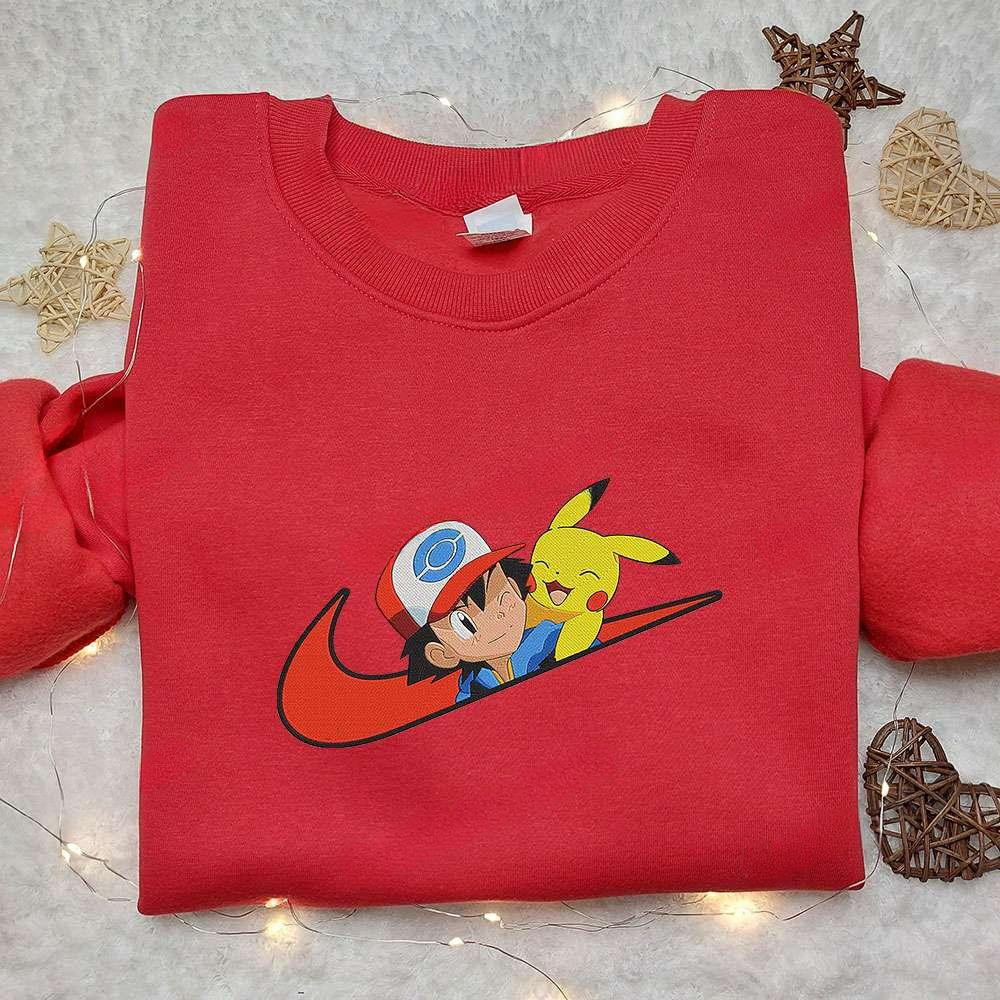 Satoshi And Pikachu X Nike Swoosh Anime , Anime Embroidered T-shirt Sweatshirt Hoodie, Inspired Anime Movie, Best Gift for Anime Fans