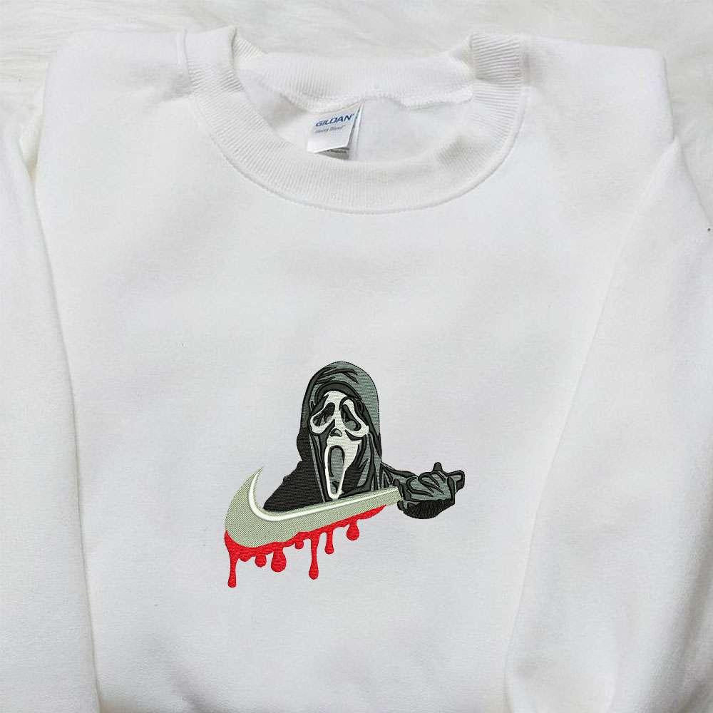 Scream Ghostface x Nike Swoosh Embroidered Shirt Horror Movie Embroidered Hoodie Halloween Embroidered Sweatshirt