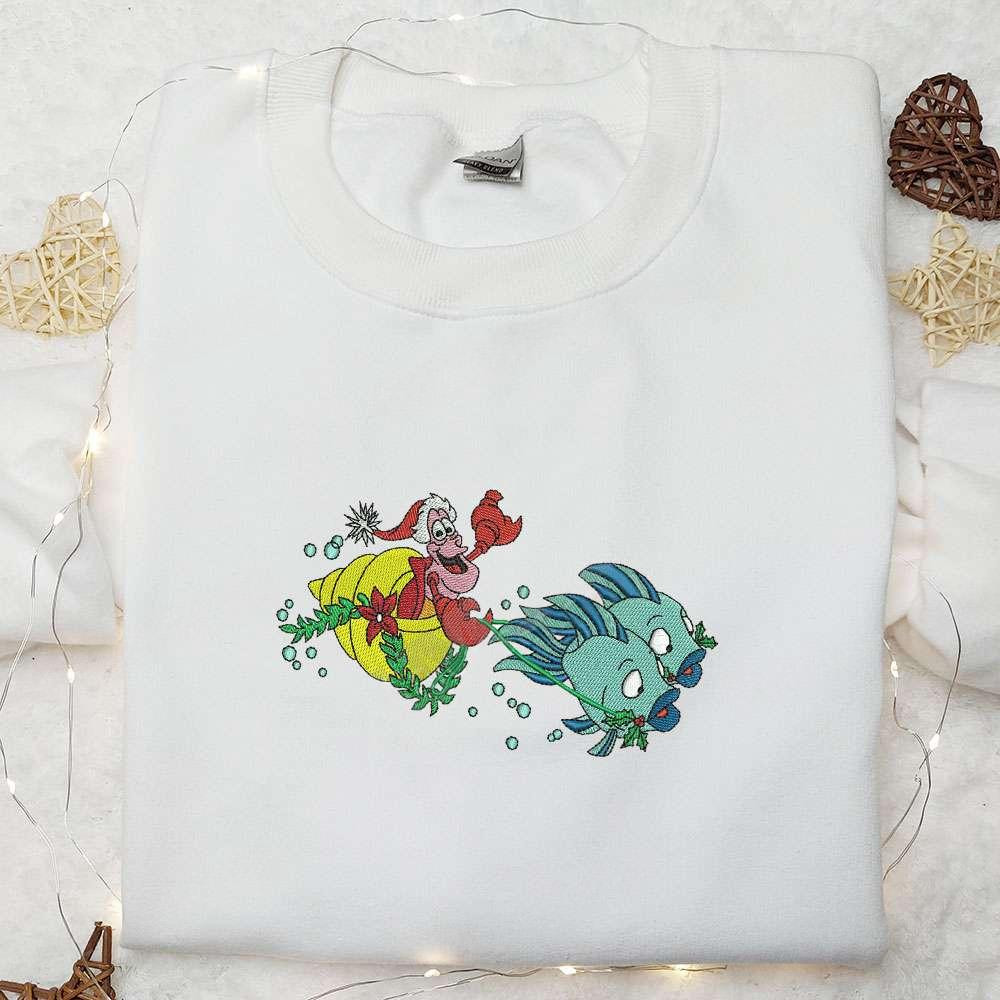 Sebastian Riding Fish Sleigh Embroidered Shirt Disney Little Mermaid Embroidered Hoodie Christmas Embroidered Shirt