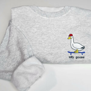Silly Goose Skate Board Embroidered Sweatshirt - Funny Silly Goose Embroidered Sweatshirt - Embroidered Pocket Design