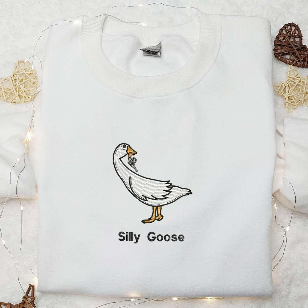 Silly Goose with Gun Embroidered Shirt Animal Embroidered Shirt Funny Embroidered Shirt