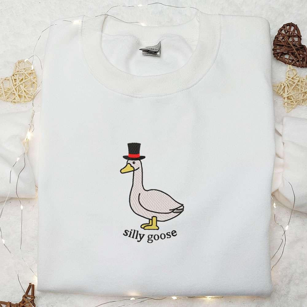 Silly Goose with Hat Embroidered Shirt Animal Embroidered Shirt Funny Embroidered Shirt