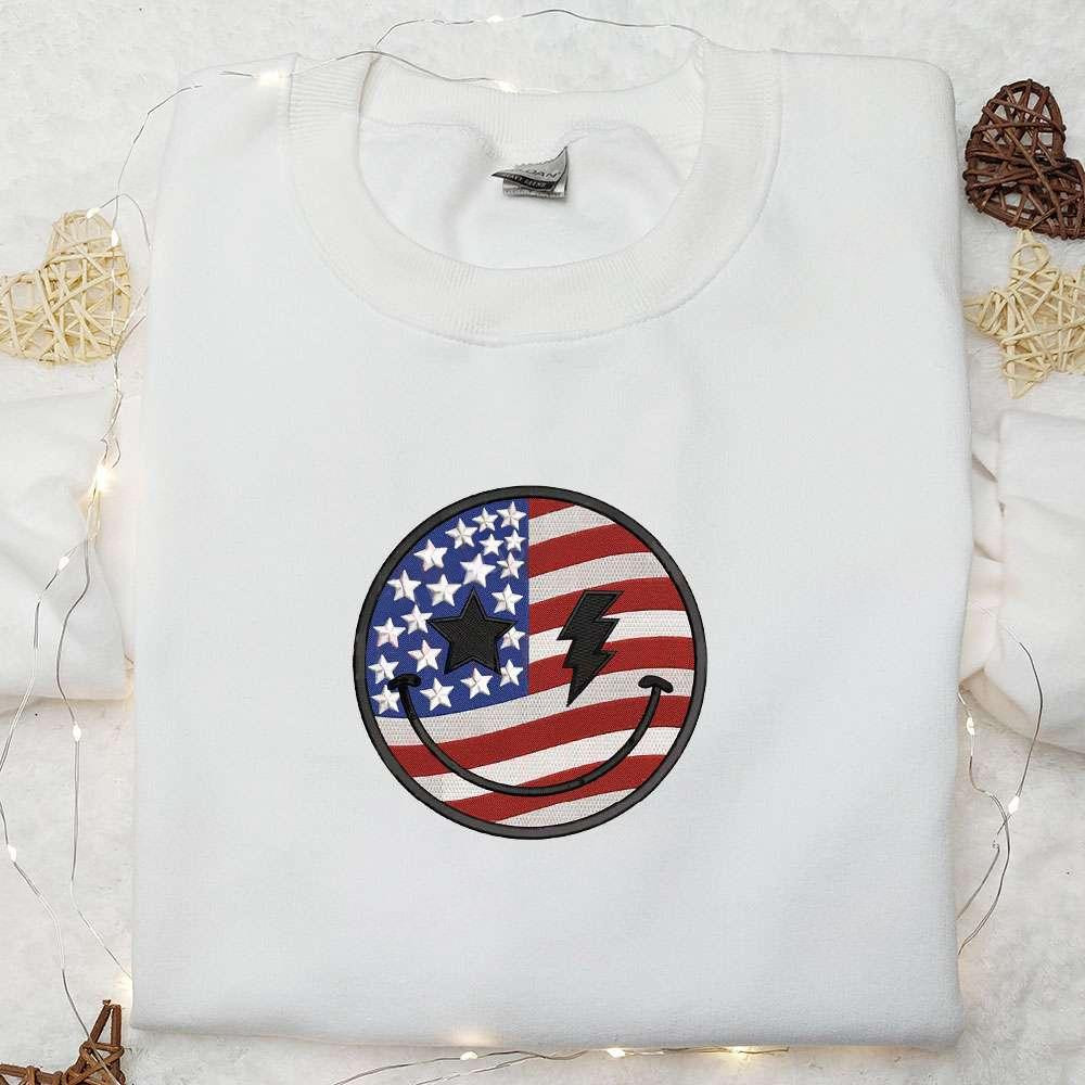Smile Icon x America Flag Stitch Embroidered Shirt Independence Day Embroidered Shirt National Day Gifts