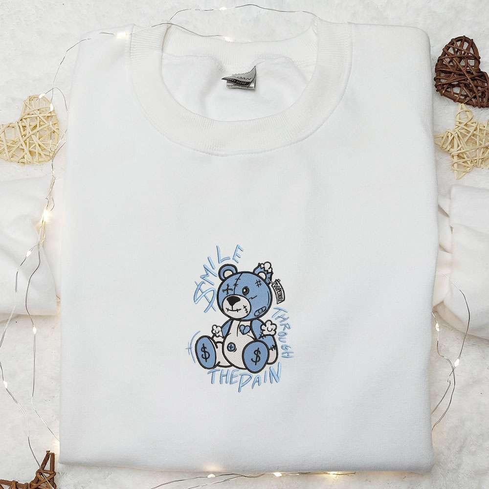 Smile Through The Pain Blue Bear Embroiderd Shirt Cool Embroidered Shirt Best Gifts for Family