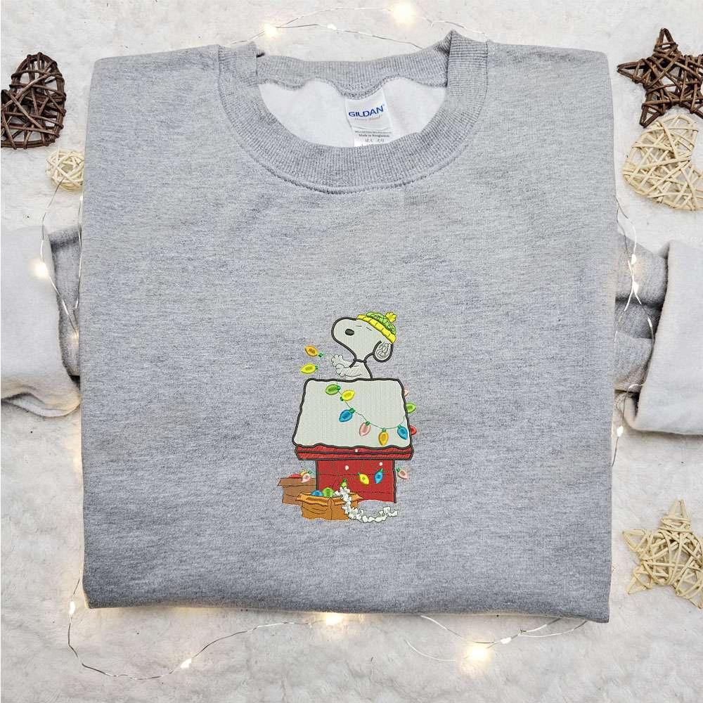 Snoopy And Christmas House Embroidered Shirt Disney Characters Embroidered Hoodie Christmas Embroidered Shirt