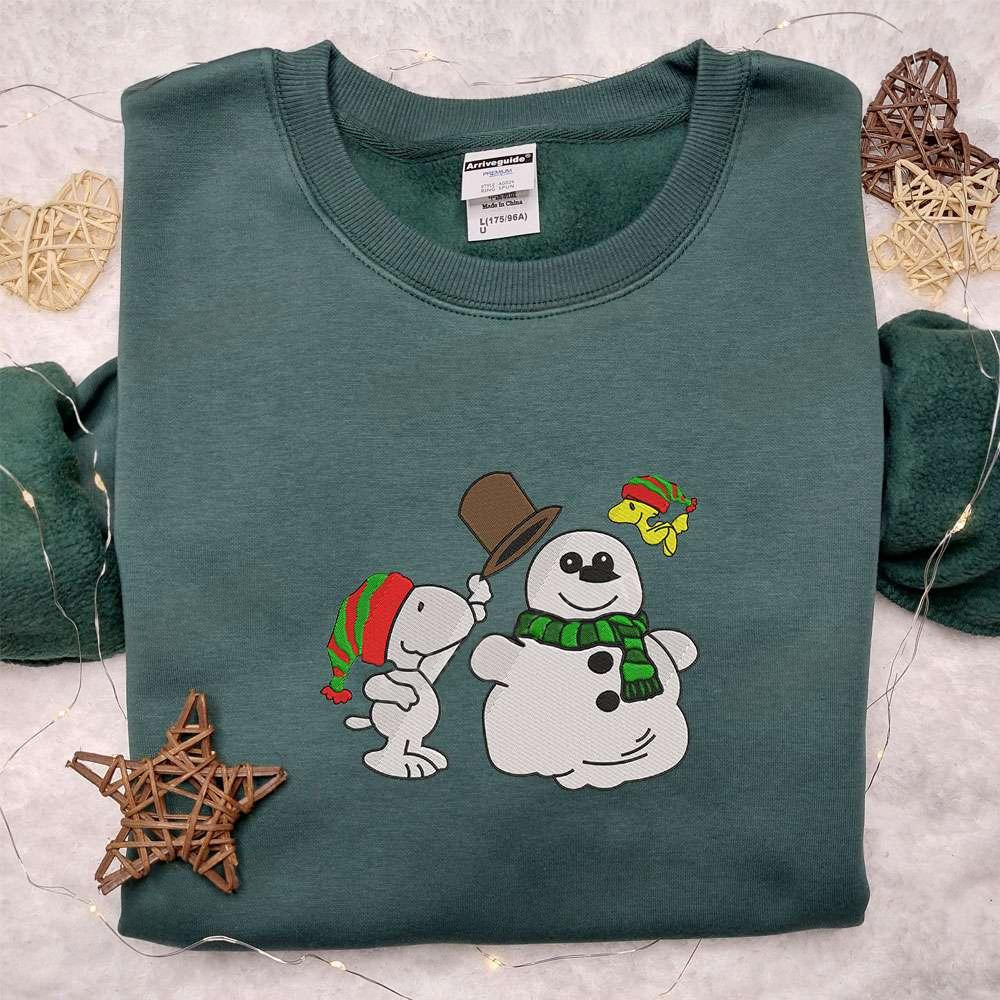Snoopy And Woodstock Building Snowman Embroidered Shirt Cartoon Embroidered Hoodie Christmas Embroidered Sweatshirt